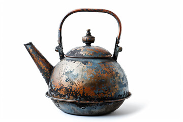 a rusty tea kettle with a handle on a white background
