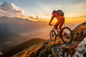 Fototapeta premium Extreme sport cyclist riding the mountain in the evening