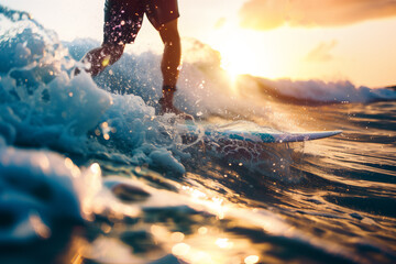 close up of man surfing board on the wave seas