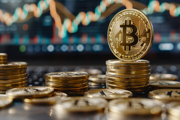 Bitcoin cryptocurrency gold coin and coin pile, investment trading blur background