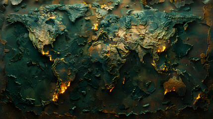 Apocalyptic Earth. Oil, Carbon, Smoke, and Fire ravaged World Map; Abstract portrayal of Global Warming's Environmental Catastrophe