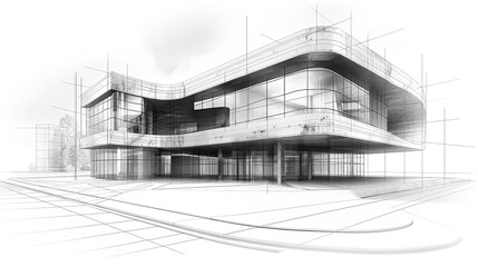 Sketch art design of a sleek home building's architecture in three dimensions over white paper, depicting the notion of development and design and space, Generative AI.