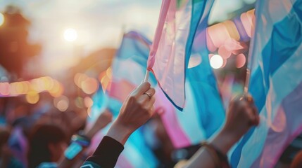 Hands proudly holding the transgender flag at a public event, representing solidarity and LGBTQ rights
