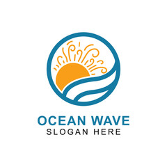 Circular Sun and Ocean Wave Logo Line Art Style.