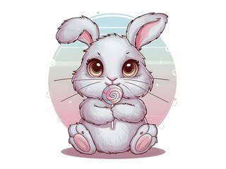 A fluffy bunny holding a big lollipop with big eyes