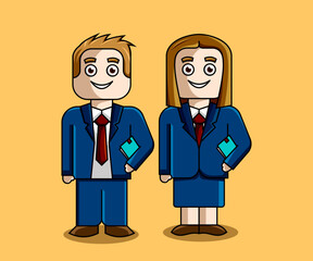cartoon illustration of a man and a woman with elegant blue executive suit and red tie