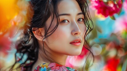 Naklejka premium Vibrant Floral Fusion Portrait