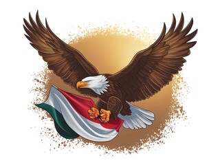 An eagle soaring high with the indonesian flag draped over its talons