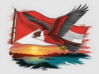 Mighty falcon swooping through the indonesian sky with the flag fluttering behind