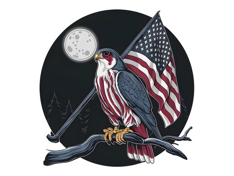 Falcon perched, holding american flag with solemnity in forest