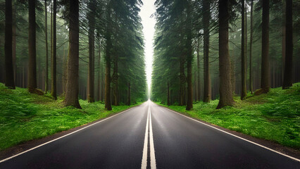 Straight asphalt road in a green forest with tall pine trees and grass in the morning