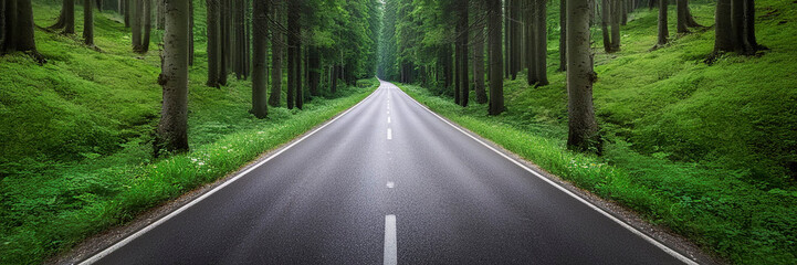 Fototapeta premium Straight asphalt road in the green forest with tall pine trees. Panoramic view.