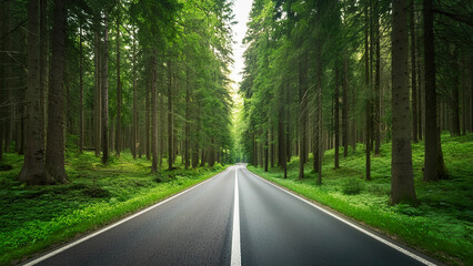 Straight asphalt road in a green forest with tall pine trees and grass in the summer