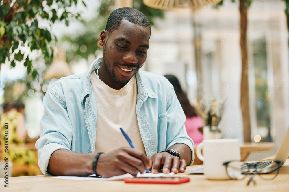 Poster Looking man person table sitting male young lifestyle business african adult student