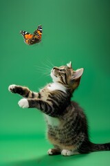 Full body of cat playing with a butterfly, on solid green screen background, fashion photography, evenly lighting