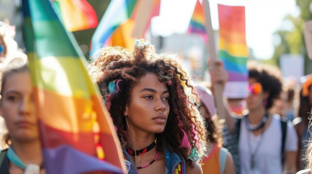 Empowering scene of a diverse group of LGBTQ+ activists holding banners and chanting at a peaceful demonstration during Pride month

