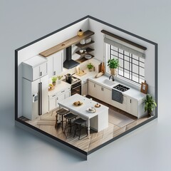 isometric cutaway of a kitchen, 3D White kitchen with island and dining area in a luxury home. soft tone