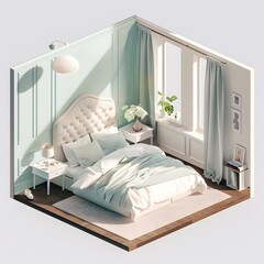 isometric cutaway of a minimal bedroom French country style style interior design of modern bedroom with mint color wall. Soft tone.