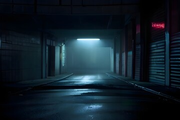 Dark empty foggy street, spotlight, neon, concrete. Generative AI