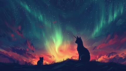 A cat and a dog are sitting on a hill, looking at the aurora borealis - Powered by Adobe