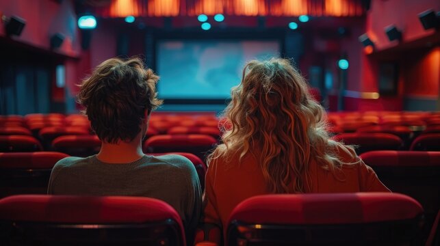 A young couple is sitting in a movie theater. They are watching a movie on the big screen.