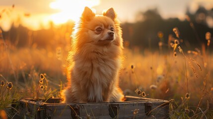 Cute Pomeranian dog sitting on a log in a field of tall grass at sunset with a beautiful warm golden light. - Powered by Adobe