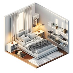 isometric cutaway of modern bedroom White modern minimalist bedroom with white wooden shelves and an open closet full of and shoes on hangers, basket boxes and soft grey sofa in the center of the room