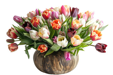 A bouquet of assorted tulips in a variety of colors, arranged in a rustic wooden vase., realistic photos on a white background.