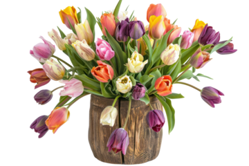 A bouquet of assorted tulips in a variety of colors, arranged in a rustic wooden vase., realistic photos on a white background.