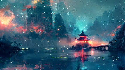 Aurora punk traditional landscape illustration poster background