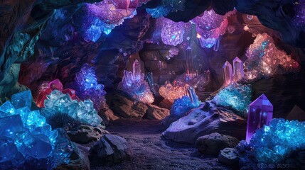 The image is a beautiful and awe-inspiring landscape of a crystal cave