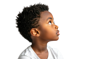 A captivating image of an African American boy gazing out into the distance with a thoughtful expression, captured in a realistic photo on a white background.