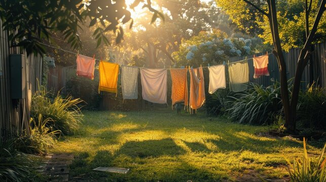 The image shows a clothesline in a backyard with a lush green lawn and trees in the background
