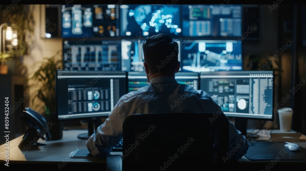 Poster a cybersecurity setup within an office, featuring a professional using advanced security software on