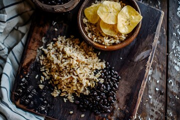 Deconstructed Rustic Rice and Beans with Textural Contrast and Fried Plantain Chip on Wooden Board