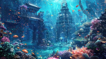 Underwater ruins of an ancient city overgrown with corals and inhabited by schools of colorful fish.