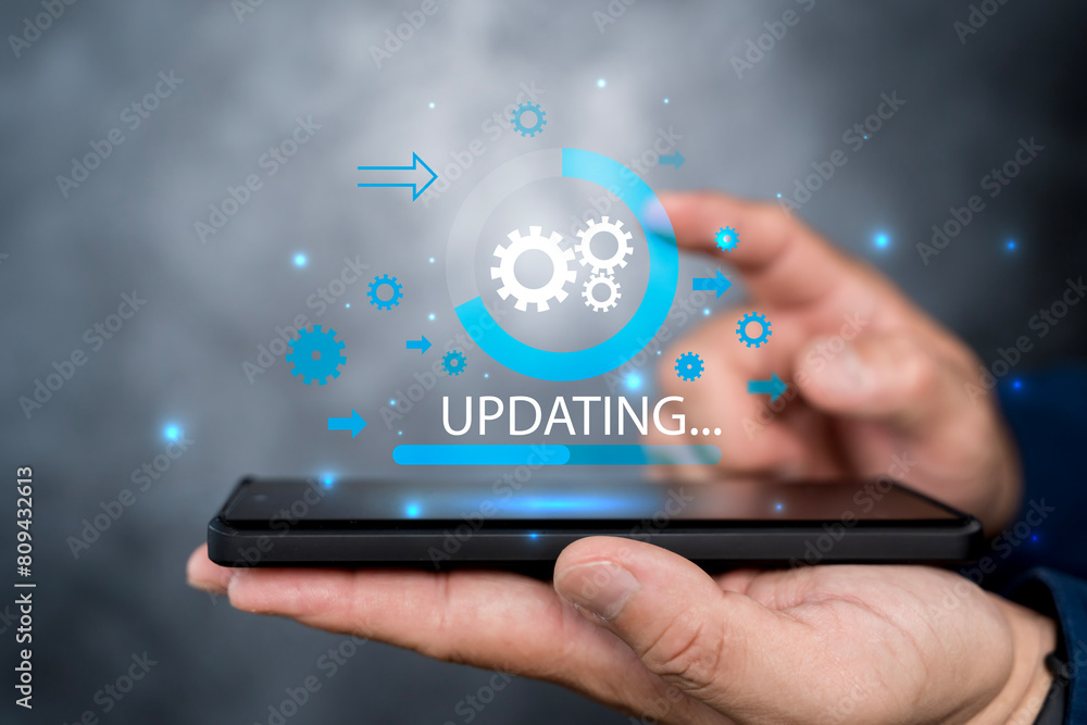 Poster operating system upgrade concept, installation app and software update process.
