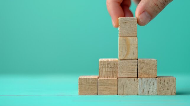 business development and growth success process concept, close up hand arranging wood block stacking, background with copy space - Powered by Adobe