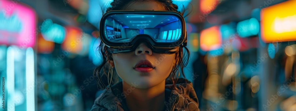 Poster a live stream shopping event showing a host demonstrating a high-tech gadget, in a virtual store set