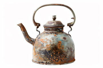 a rusty tea kettle with a handle on a white background