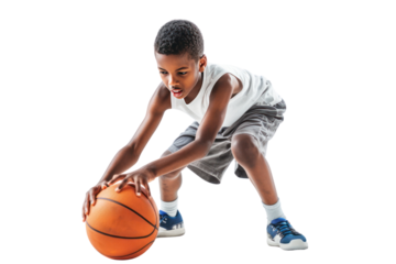 A playful African American boy dribbling a basketball with impressive skill, captured in a dynamic photo on a white background.