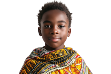 A confident African American boy standing tall and proud, radiating self-assurance and determination, presented in a photorealistic style on a white backdrop.