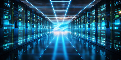 Server room data center Internet and technology concept 3D Rendering server room data center with rows of server hardware 3d rendering AI Generated
