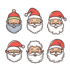 Six Santa Claus faces expressing different jovial emotions, all wear festive hats, glasses. Cartoon style Santa Claus illustrations showcasing various cheerful expressions. Brightly colored faces
