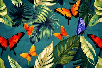 tropical leaves pattern colorful wallpaper with butterflies and birds with a old texture background Generative AI