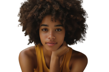 A young Black woman showcasing her natural beauty, her afro hair embracing its natural texture, as she poses with a radiant smile., realistic photos on a white background