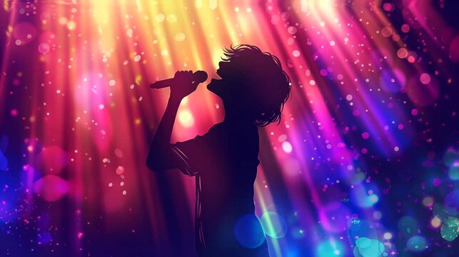 A vocalist silhouette with colorful aura, spiritual music. Anime or digital painting style, looping 4k video animation background