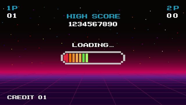 LOADING .pixel art .8 bit game. retro game. for game assets. Retro Futurism Sci-Fi Background. glowing neon grid. and stars.
