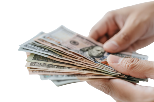 A close-up shot of a dollar bill being carefully folded and inserted into a classic ceramic piggy bank. .,realistic photos on a white background