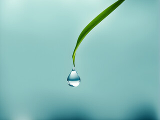 A water droplet on a solid color background, a banner full of tranquility for environmental protection and natural environment